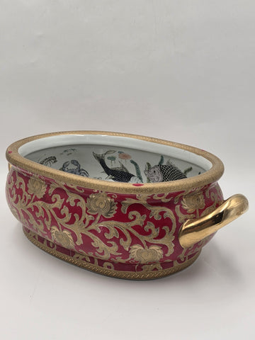 Antique XL Chinese handpainted Red porcelain 24kt gold Oval Footbath, Jardiniere