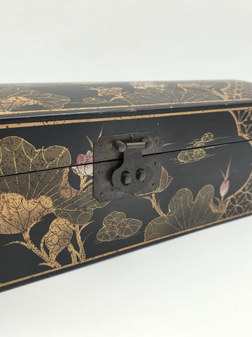 Rare Vintage Chinese Lacquer Scroll Box Gold Gilt Floral Birds Document Case