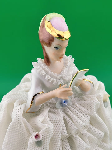 Antique German Dresden Handcrafted Porcelain Lady Figurines by Reine Handarbeit.