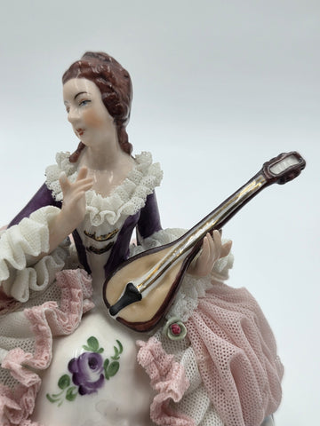 Vintage Dresden Art Germany Lace Porcelain Lady Musician Figurine Bird Bench