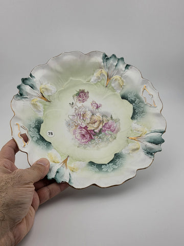 Antique R.S. PRUSSIA RED MARK PORCELAIN Plate w/ ROSES DECORATION & 2 HANDLES
