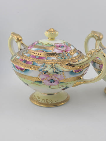 1920's Antique Nippon Hand Painted Sugar & Creamer Set Raised Gold Art Nouveau