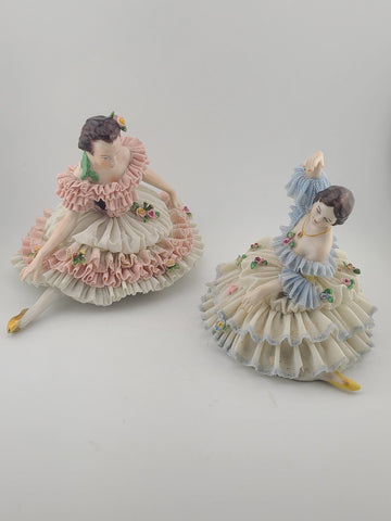 Pair Antique Dresden Lace Ballerina Figurine Dancer Handarbeit Germany Porcelain