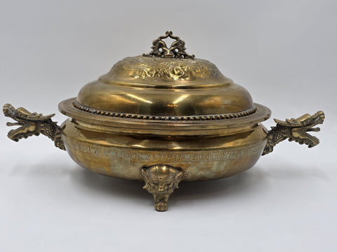 Antique Chinese Brass Dragon Handle Lidded Tureen Qing Hot Pot with Foo Dog Lid