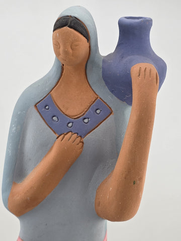 Vintage Handmade Painted Clay Indeginous Pottery Woman Holding Pot 15" High
