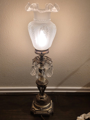 Antique Victorian Converted Table Lamp Etched Glass Shade Prism Drops 24"