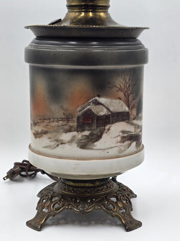 Antique Victorian 1890 Gone With The Wind Lamp Log Cabin Winter Snowy Scenery