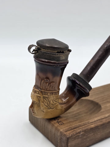 Antique C1890 German Figural Ceramic Tobacco Pipe Long Wood Stem Hinged Wind Cap
