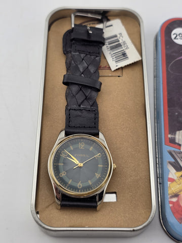 NIB Fossil PC-9626 Gold Tone Black Dial Quartz Watch Leather Strap 36mm