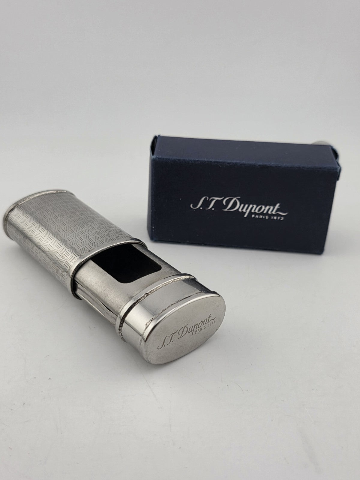 Rare Vintage S.T. Dupont Paris Pocket Cigar Ashtray Guilloche Silver Plate w Box