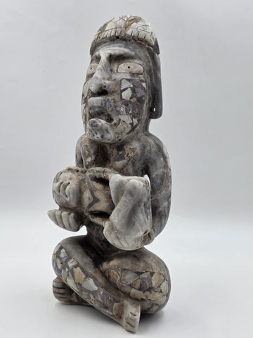 Antique Large Mayan Aztec Style Stone Sculpture Tribal Figure Inlay 15” Statue