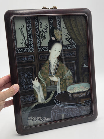 Antique Chinese Reverse Painted Glass Court Lady Portrait Hardwood Frame 14"
