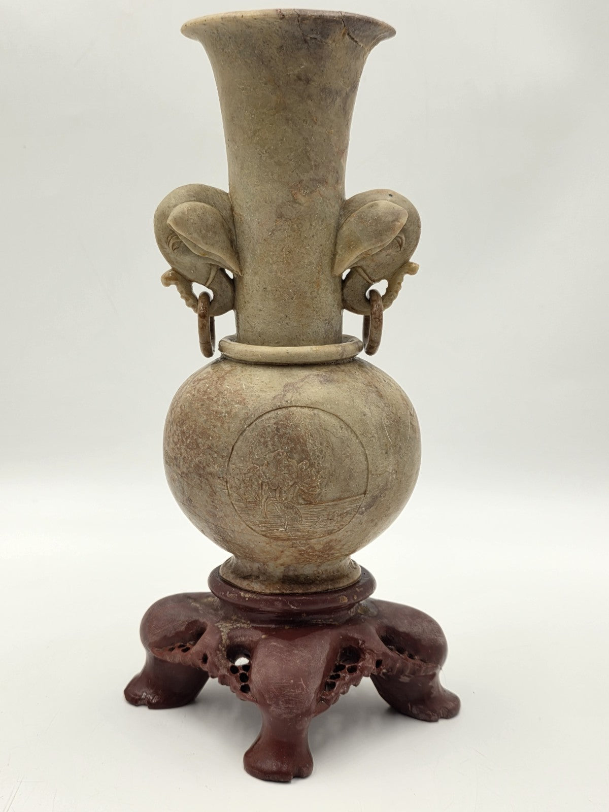 Antique Chinese Carved Hardstone Vase Elephant Ring Handles Stone Stand 12"