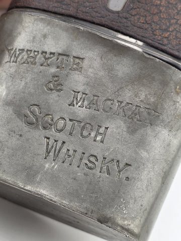 Rare Antique C1920 Whyte & Mackay Leather Wrapped Scotch Flask Pewter Sleeve Cup