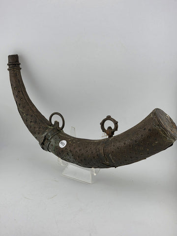 Rare Antique Ornate 19thC Brass Steel Islamic Black Powder Horn Shot Flask C1850