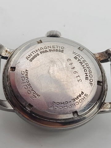 Vintage 1950 Zodiac Hermetic Swiss Black Dial Gilt Numerals Manual Watch. Works