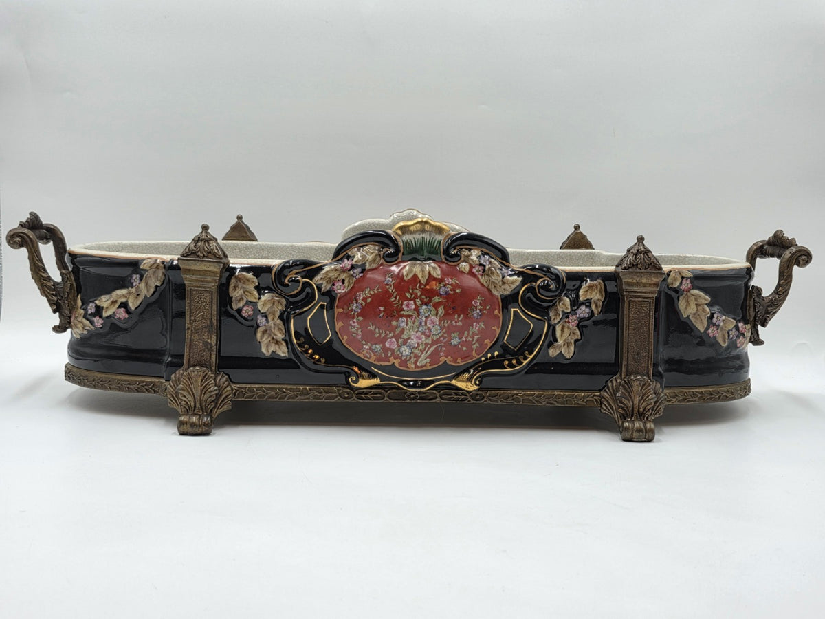 ANTIQUE XL CASTILIAN PORCELAIN BRONZE BOWL CENTERPIECE CLAWFOOT FLORAL VICTORIAN