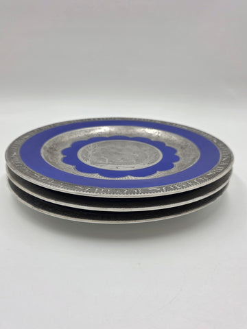Set of 3 Antique Czech Silver Inlaid Blue Enamel Fairy Plates c.1910 Art Nouveau