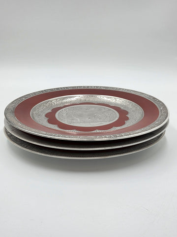 Set of 3 Antique Czech Silver Inlaid Red Enamel Fairy Plates c.1910 Art Nouveau