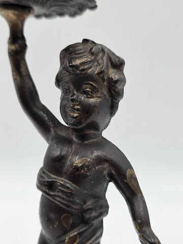 Rare Antique Bronze Brass Putto Cherub Figural Candlestick Rococo 8.5"