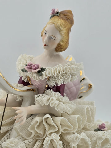 Antique C1930's Dresden Lace Porcelain Harp Lady Figurine Crown D Germany.