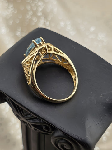 Antique 14K Solid Gold Blue Topaz Marquise Ring Filigree Estate Size 8 W Box.