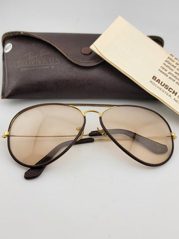 RARE VINTAGE RAY BAN LEATHERS AVIATOR TOBACCO LEATHER 58' B&L SUNGLASSES