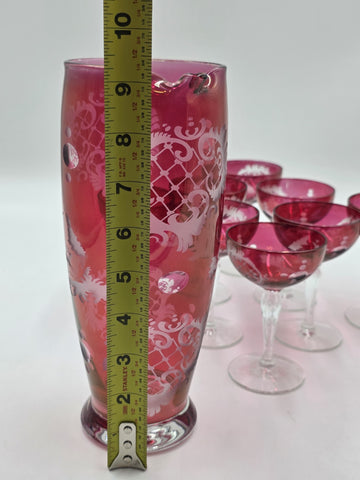Rare Set Of 8 Antique Edwardian Wine Cranberry Glass Engraved Etched & Pitcher.