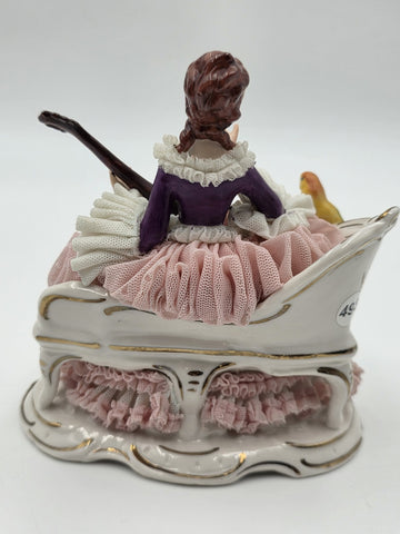 Vintage Dresden Art Germany Lace Porcelain Lady Musician Figurine Bird Bench