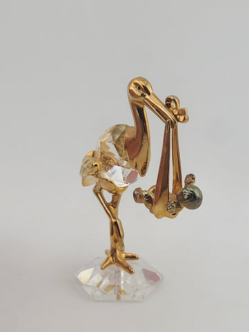 Rare Swarovski Crystal Stork Baby Figurine Gold Tone New Arrival Maternity Gift
