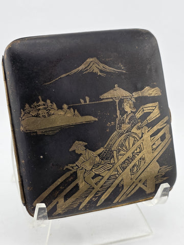 Rare Antique Japanese Maki-e Lacquer Cigarette Case Mt Fuji Rickshaw Scene Meiji