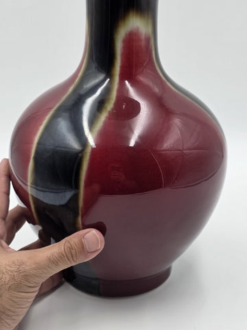 Vtg Chinese Flambe Sang de Boeuf Porcelain Vase Qianlong Mark 14" Oxblood Glaze