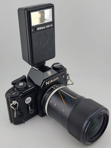 Nikon EM Film Camera + Series E Zoom 36-72mm F/3.5 Lens + Speedlight SB-E Flash