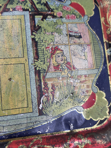 Rare Antique 1900's Collectible Tin German Red Riding Hood Serving Tray. 13 In