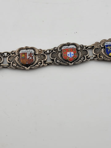 Vintage Silver Pewter &Enamel Souvenir Bracelet Spain & Portugal Shield Flags 8"