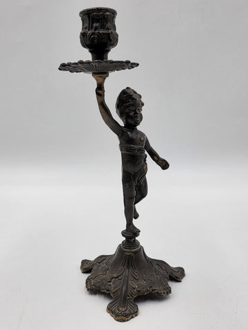Rare Antique Bronze Brass Putto Cherub Figural Candlestick Rococo 8.5"
