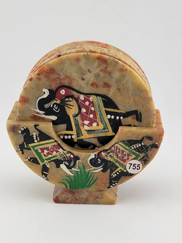 Rare Set Handcrafted Marble Soapstone 6 Coaster Elephant Painted Art India