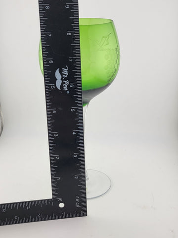 Vintage Emerald Green Etched Grape Design Goblet. 8.5 Inch.