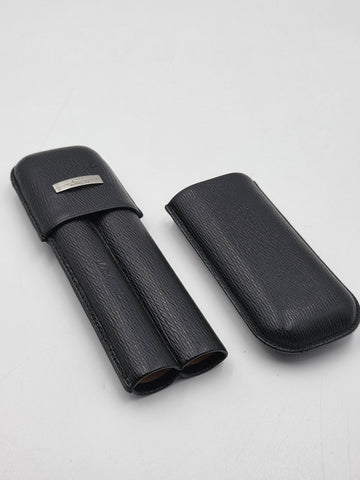 Vintage S.T. Dupont Black Grain Leather & Black Gold Cigar Case For 2 Cigars