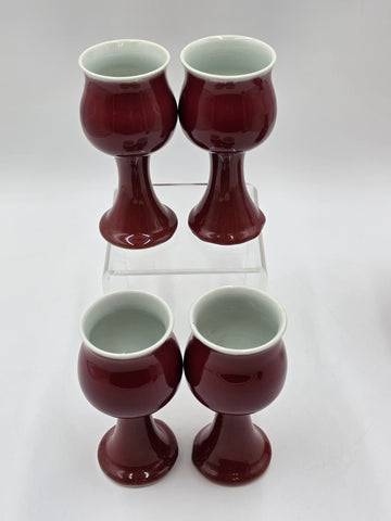 Vintage 1982 Studio Art Porcelain JS Cummings Red Pitcher & 4 Glasses Signed.