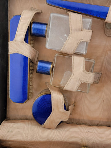 Antique Hard Cased Blue Enameled 1930s Vanity Set. Extremely Rare. VG Condition