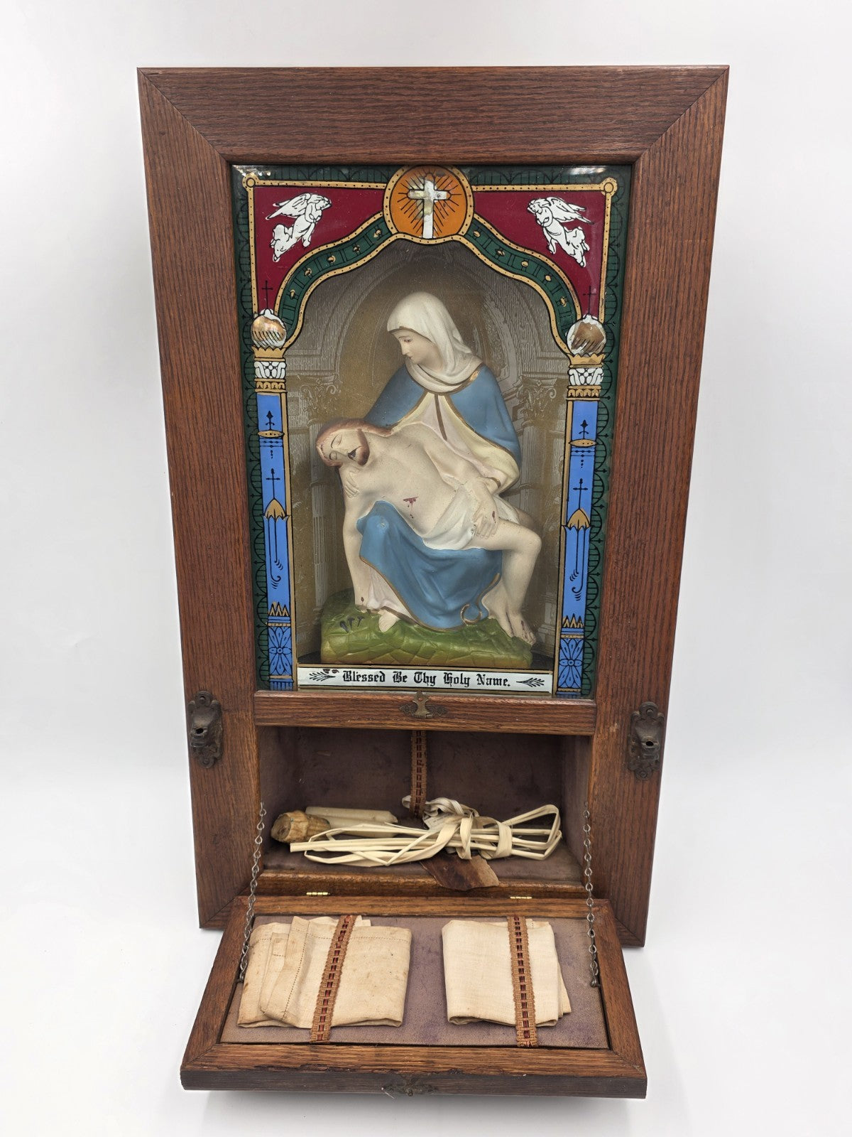 Large Antique C 1920 Catholic Sick Call Last Rites 3D Shadow Box W Accessories.