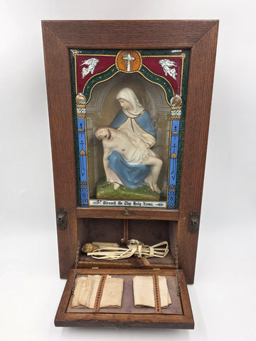 Large Antique C 1920 Catholic Sick Call Last Rites 3D Shadow Box W Accessories.