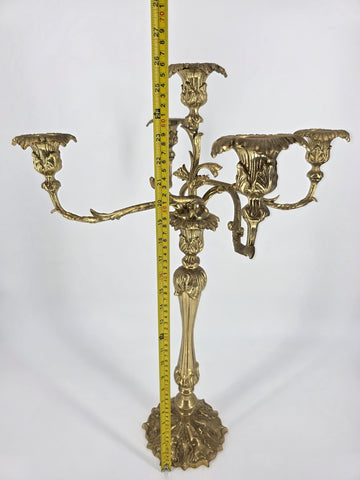 Rare Antique C 1900's XL French Rococo Style Gilt Brass 5 Arm Candelabra 26”