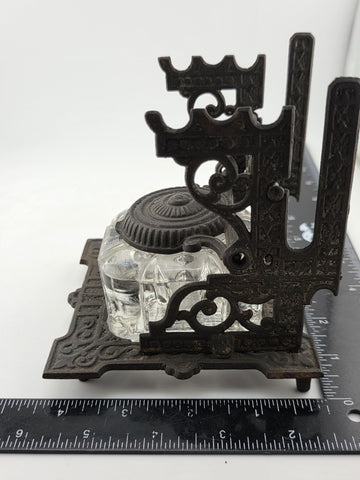 Antique TATUM'S Postal Ink Stand Cast Iron Glass Inkwell Quill & Envelope Holder