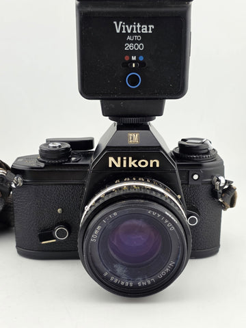 Vintage 70's Nikon EM 35mm Film Camera + 50mm f1.8 Lens + Vivitar Flash Untested