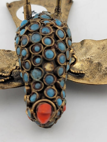 Antique Handmade Brass Turquoise Coral Glass Decorated Bird Ornament Middle East