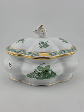 Vintage Collectible Herend Chinese Bouquet Green Cov Bonbon W/Bunny. Read.