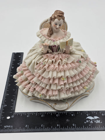 Vintage M.Z. Ireland Dresden Lace Porcelain Figurine Lady Reading Book Seated
