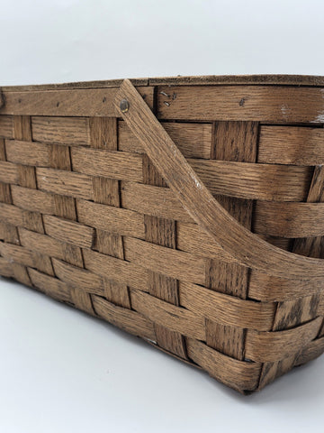 Antique C 1920's Picnic Basket 1" Woven Slats Naturally Aged Patina  Handles Lid
